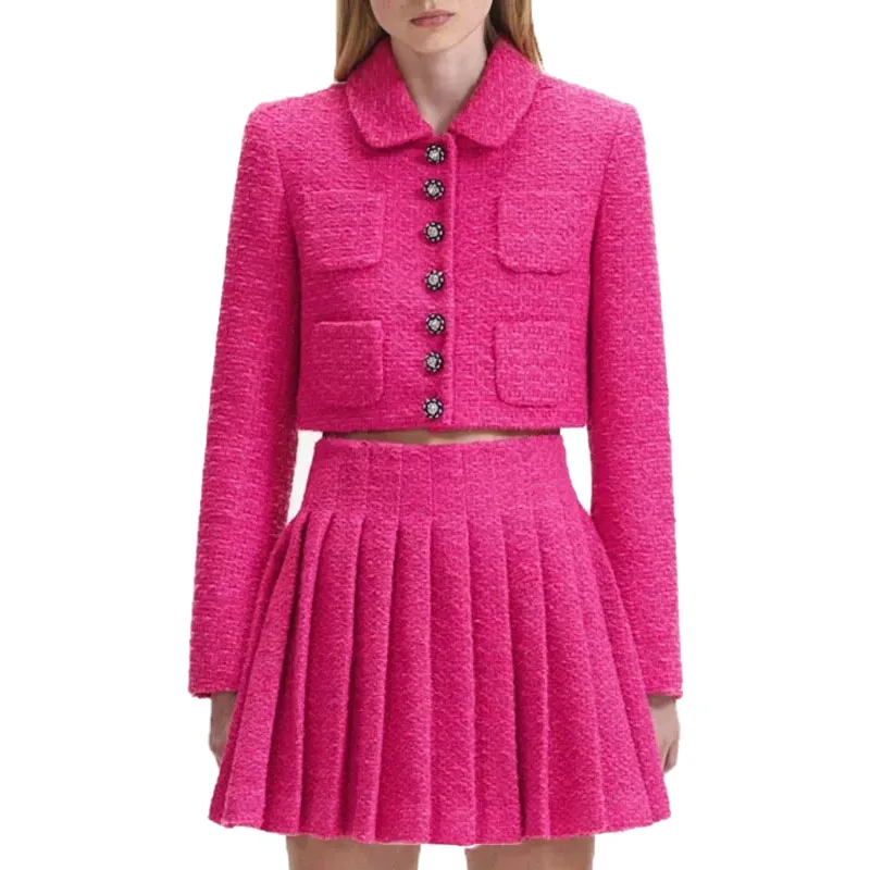 

VII 2024 Brand SP Women's Rose Tweed Suit Fall Female Clothing Lapel Short Jacket And Pleated Bustier Skirt Free Shipping Offers