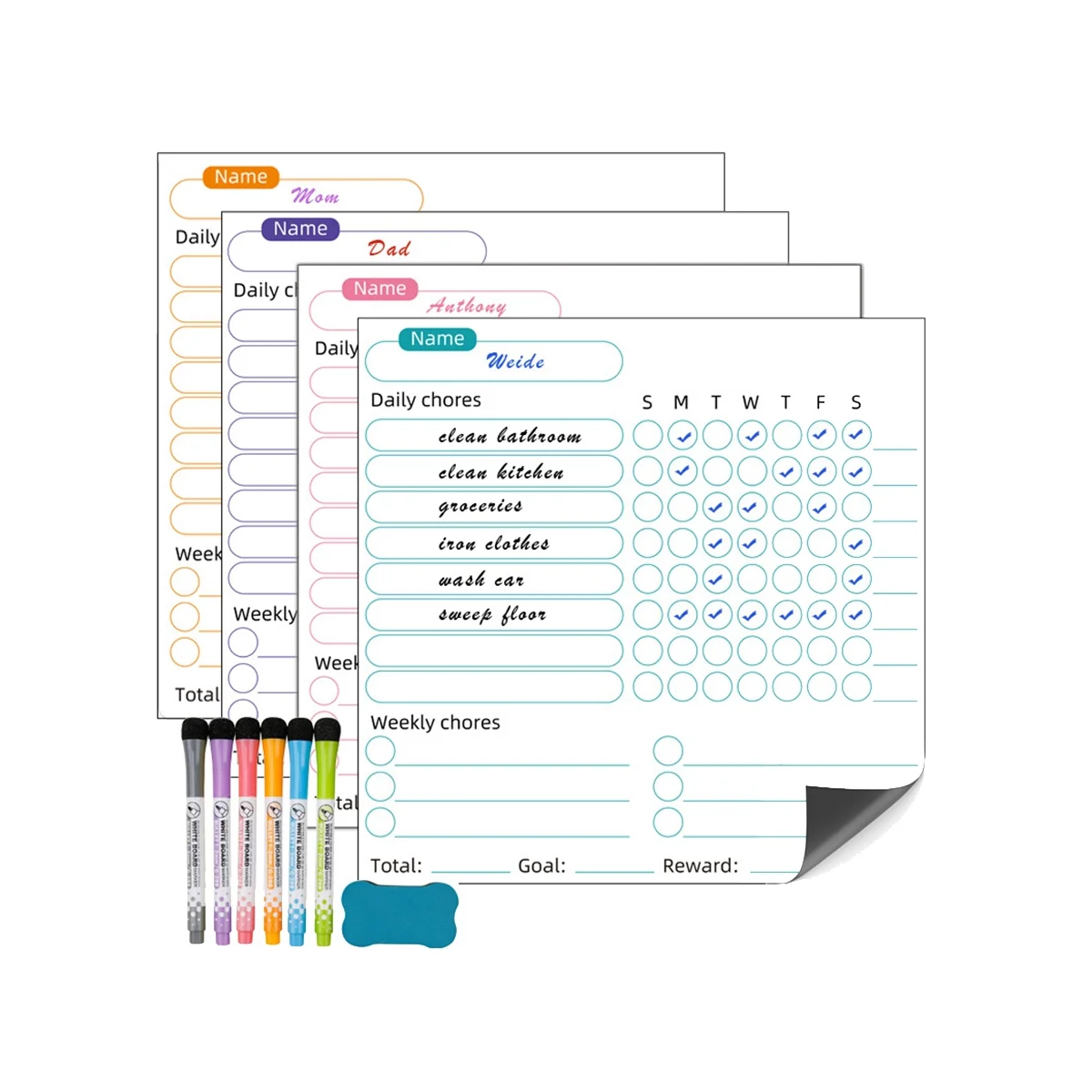 

Dry Erase Chore Chart for Kids- 4 Pcs Dry Erase Behavior Charts and 6 Colored Markers with Eraser, Reward Chart