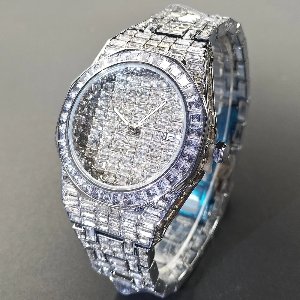 HIP HOP Fashion Diamond Imitation Watch Men Silver Iced Out Watches Stainless Steel Band Japan Quartz Wristwatches Reloj Hombre | Наручные