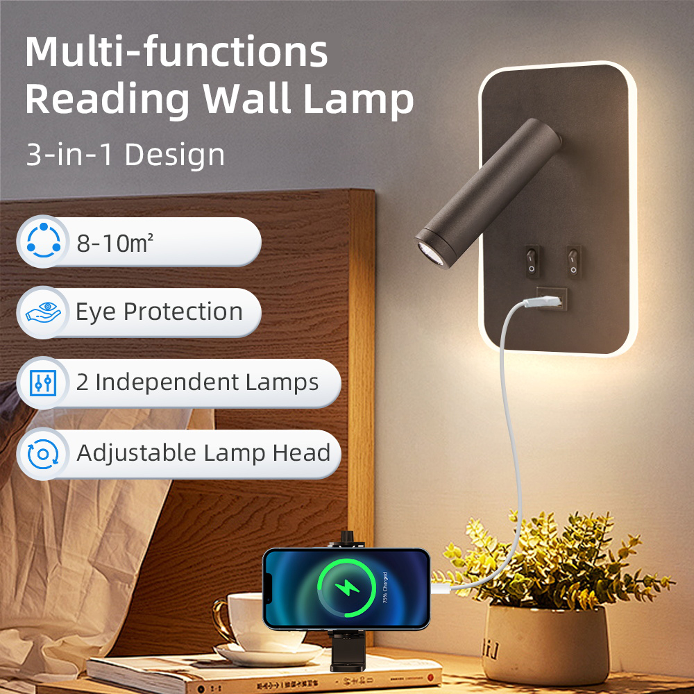 Bedside Wall Lamp LED with USB Charging Port For Kitchen Table Office Living Room Wall Mounted Reading Light Home Spotlights Led