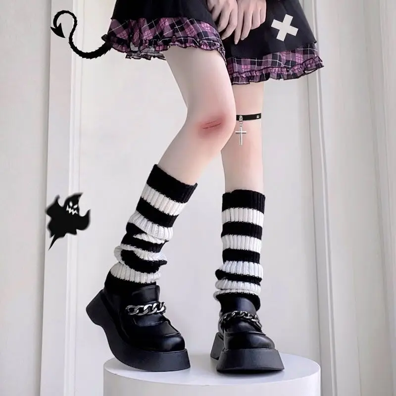 

Gothic Women Striped Leg Warmers Jk Lolita Long Socks Japanese Knitted Leggings Kawaii Leg Cover Girls Calf Gaiters Cosplay Sock