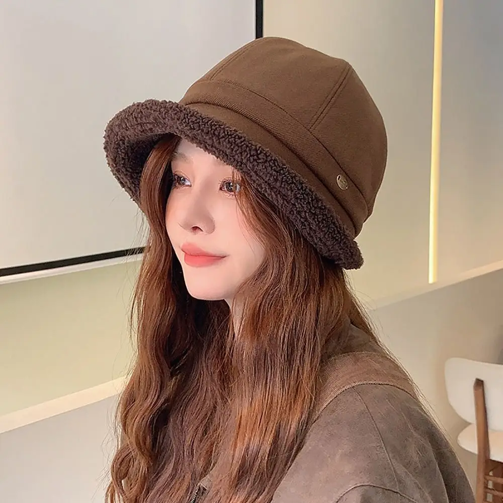 

Faux Fur Plush Bucket Hat Casual Warm Soft Panama Hat Plus Velvet Winter Fisherman Cap