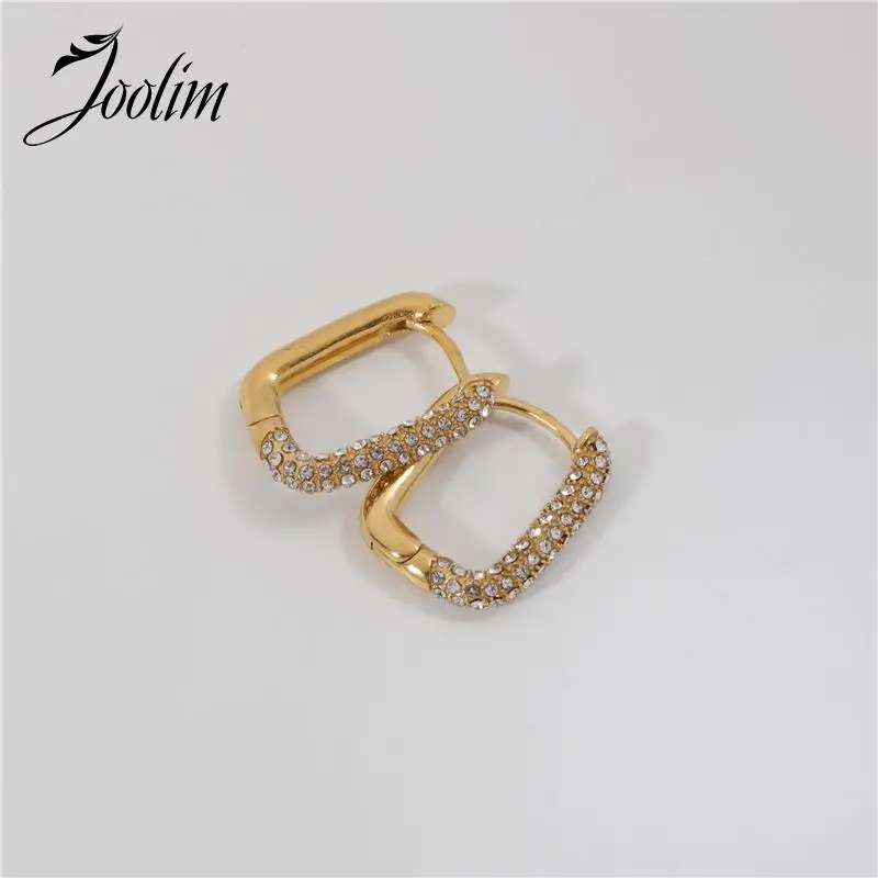 Waterproof & Tarnish Free Fashion Net Red Geometric Square Zircon Earrings Gold Steel Splicing