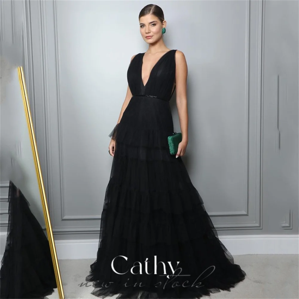 

Cathy Elegant Black Deep V-neck Vestidos De Noche Tulle Gauze Floor Lenght Prom Dress 2023 Sexy Open Back A-line فساتين السهرة
