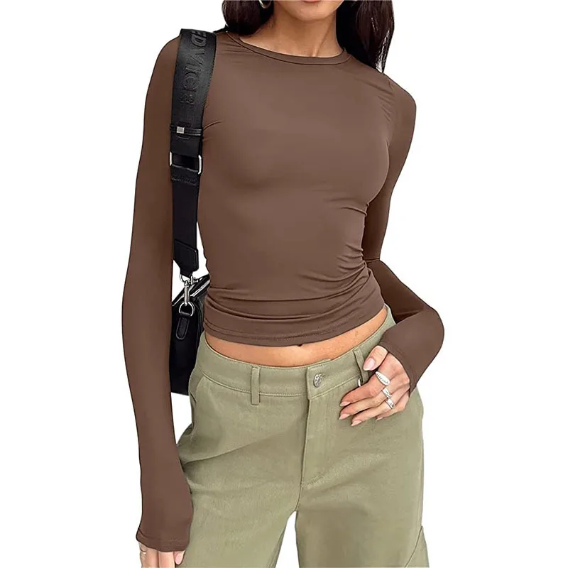 

EuropeanandAmericanwomenscasuallongsleevedt-shirt,springandautumnsolidcolorslimfitpullovert-shirtwomensstreetwearbottomshirttop