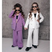 Chic Baby Girl Clothes 2 Piece Fashion Notch Lapel Double Breasted Child Sets Casual Party Wedding Suit for Girls (Blazer+Pants) 1