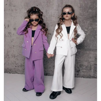 Chic Baby Girl Clothes 2 Piece Fashion Notch Lapel Double Breasted Child Sets Casual Party Wedding Suit for Girls (Blazer+Pants) 1