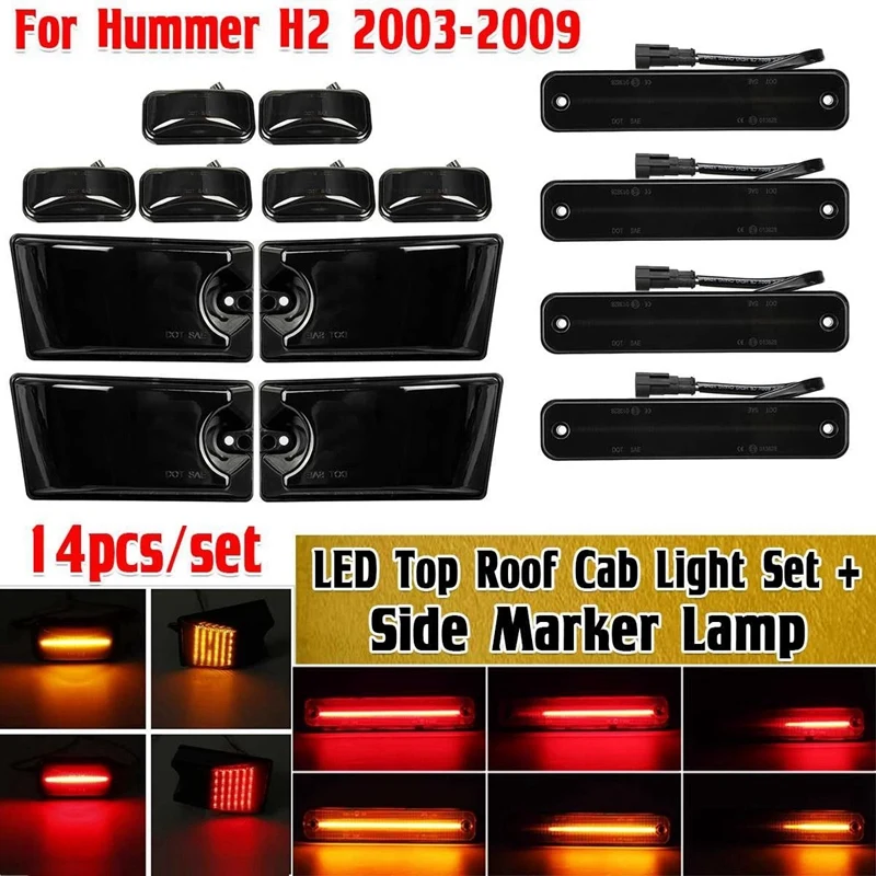 

14Pcs Flowing LED Cab Roof Light Kit Dynamic Side Marker Repeater Turn Siganl Lights Lamp For Hummer H2 2003-2009
