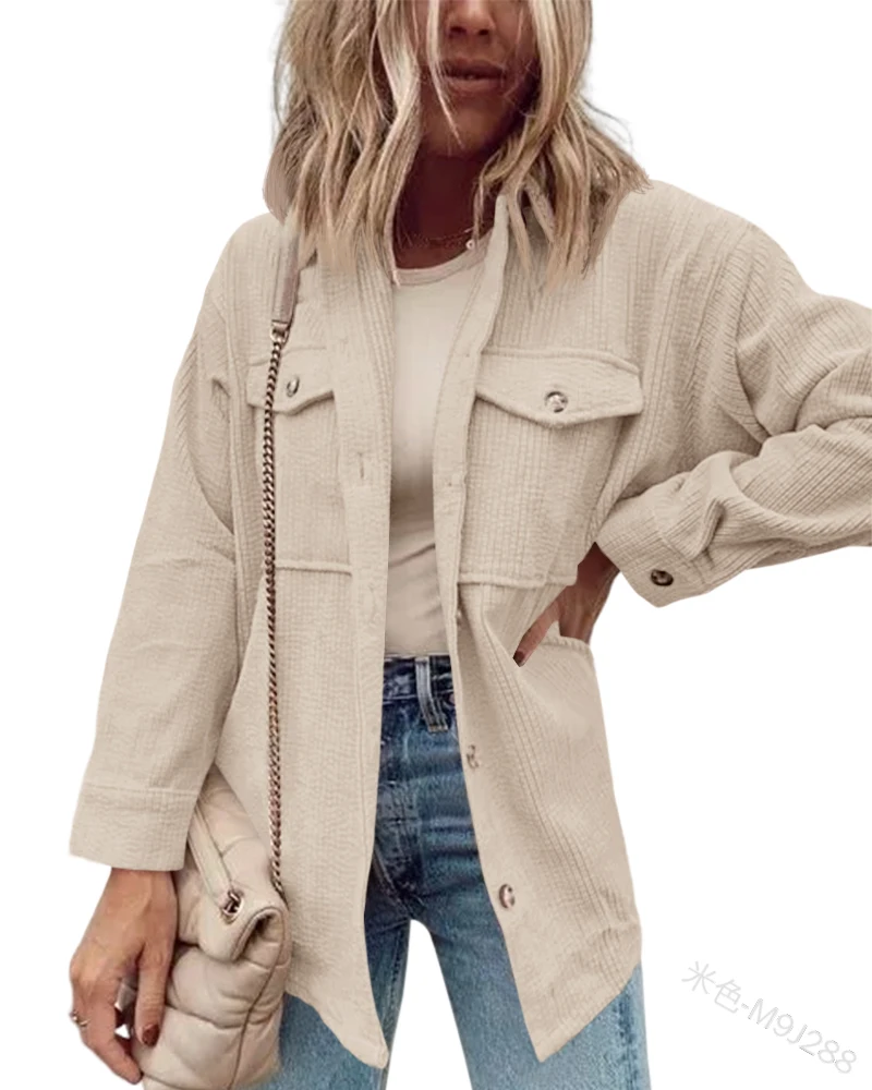 Women‘s Casual Simple Corduroy Jacket Outwear Solid Pockets Chic Jacket Coats Autumn Baggy Long Sleeve Chest Pocketed Shirts