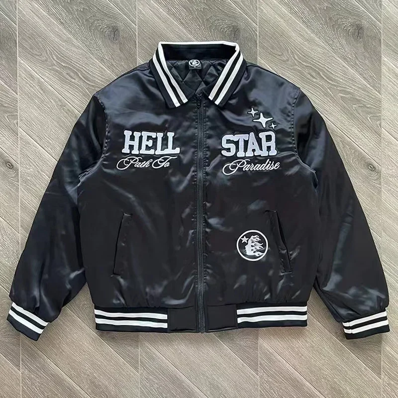 

Y2K Zipper Hellstar Embroidered Baseball School Team Jacket Men's and Women's High Quality Windproof Jacket Men's Fleece Jacket