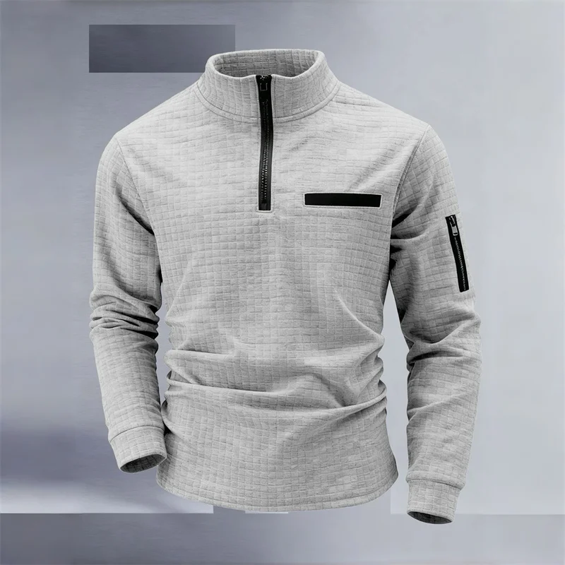 Nuova polo sportiva da uomo, design a righe vintage con chiusura a mezza zip, vestibilità slim, elegante top casual a maniche lunghe da esterno.