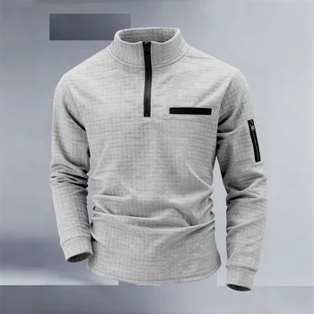 Nuova polo sportiva da uomo, design a righe vintage con chiusura a mezza zip, vestibilità slim, elegante top casual a maniche lunghe da esterno.