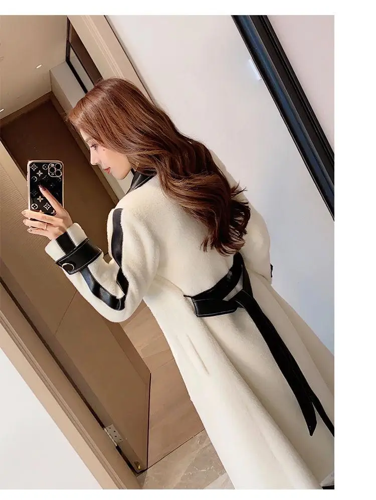 Autumn Winter Chic Woolen Coat Women Patchwork Long Jackets with Belt Lapel Korean Fashion Female Outerwear New Soft Overcoat