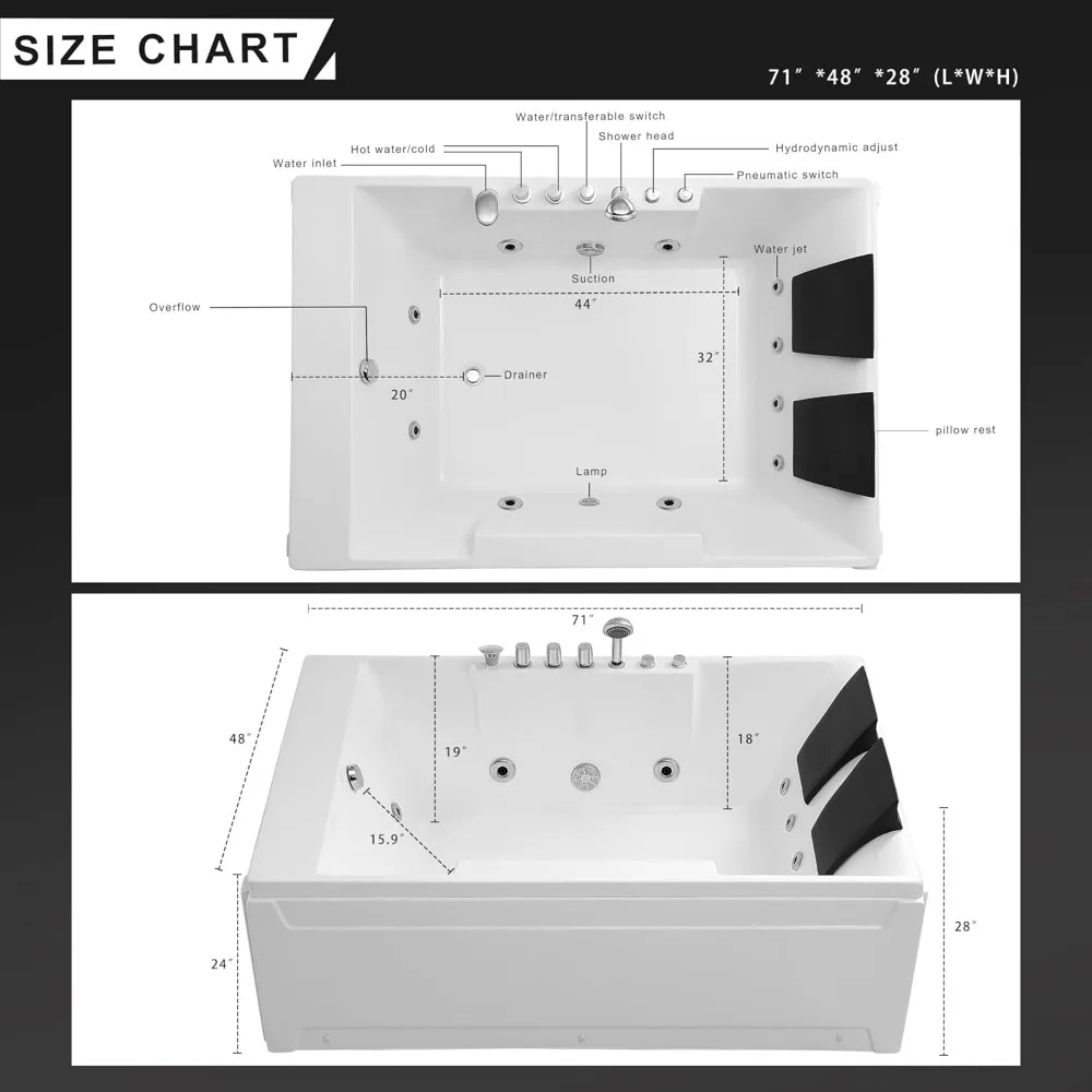 Whirlpool Tub,72" x 48" Jetted Bathtub for 2 Person, Hydro Massage & Chromatherapy,ETL Certified,3 Sided Apron,Acrylic 6