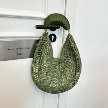 Borsa Hobo in Paglia Intrecciata Boho da Donna, a Mezzaluna con Manico Superiore, Borsa a Cesto Estiva Intrecciata a Mano con Dettagli Vuoti