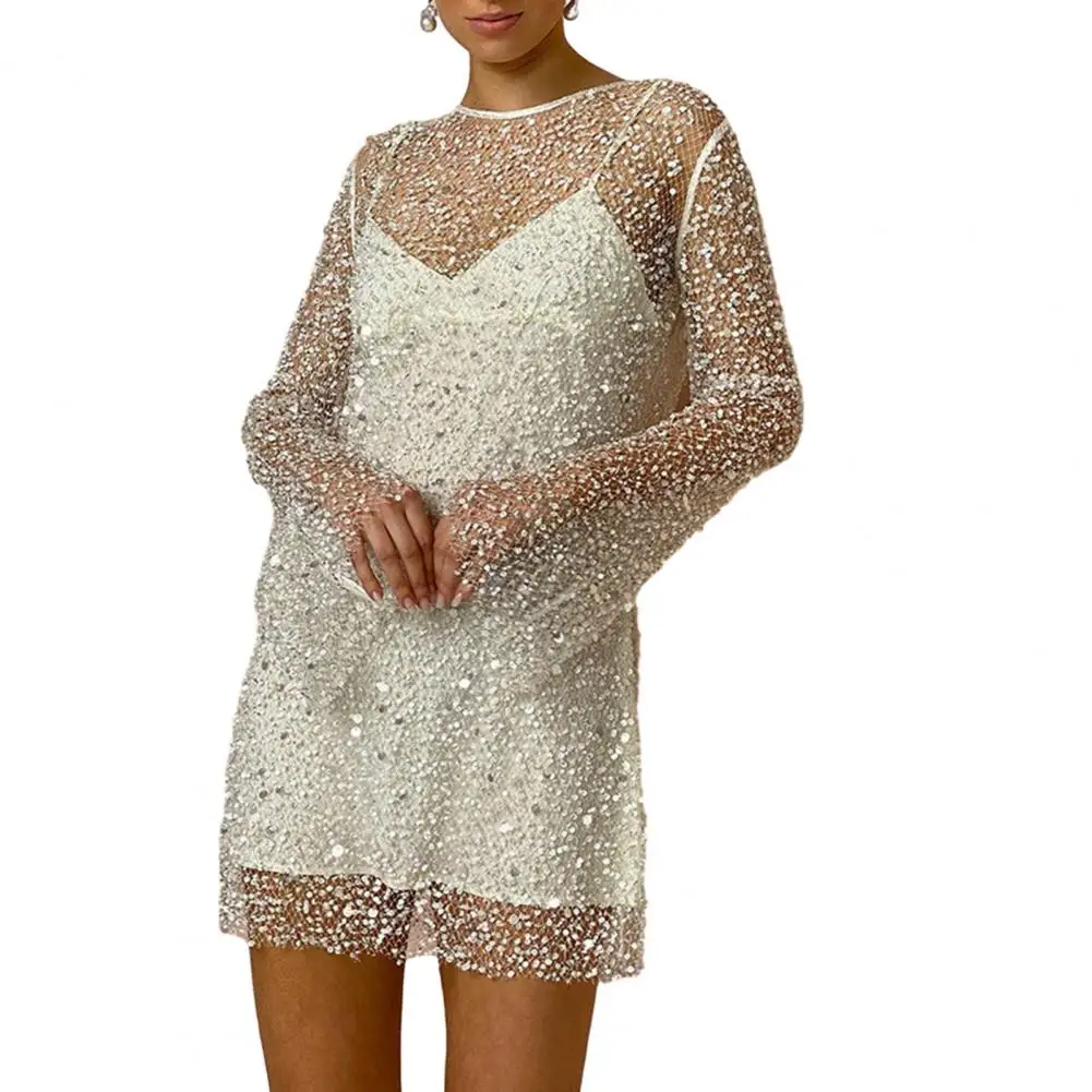 

Women Dress Sequin Strappy Mesh Dress Set 2 Pcs Long Sleeve O Neck Hollow Out Lady Party Prom Dress See-through Loose Fit for A