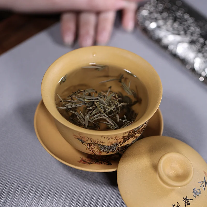 150ml Classic Chinese Raw Ore Old Duan Mud Hand Painted Jiangnan Landscape Purple Clay Sancai Gaiwan Kungfu Tea Bowl Drinkware