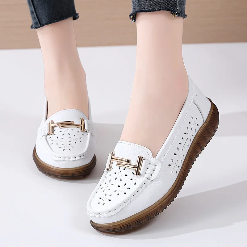 

Genuine Cowhide Leather Women's Casual Vulcanize Shoes New Designer Sport Walking Shoes Summer Ladies Hollow Out Sneakers