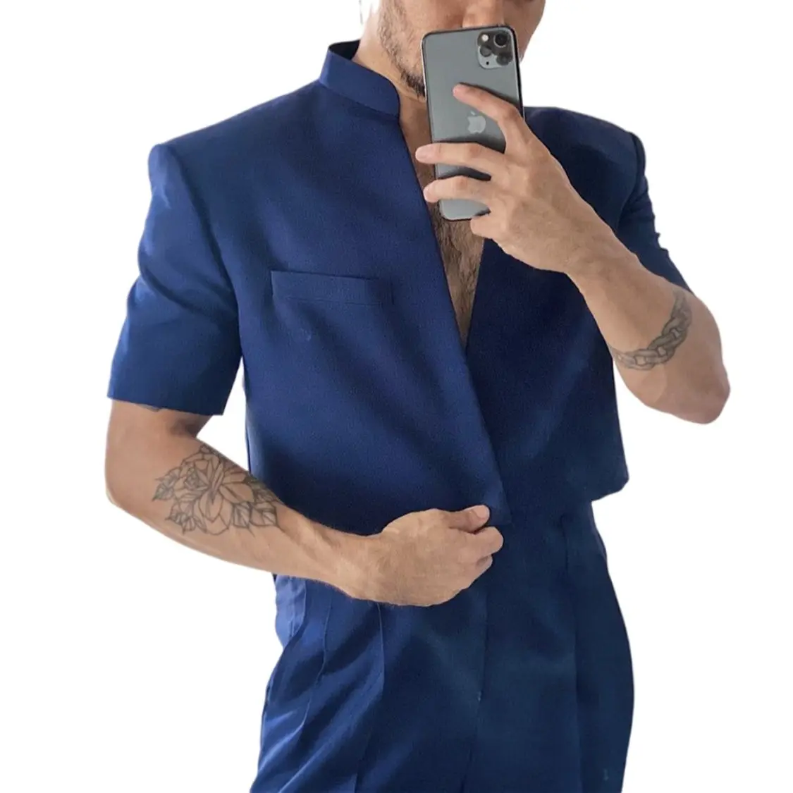 

Stand Collar Short Sleeve Men'S Short Jacket With Pants Slim Fit 2 Piece/Summer Blue Fashion Latest Design Street Daily Male Set