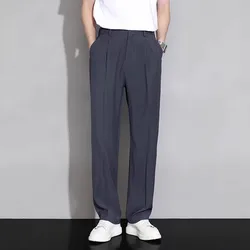 Spring Summer Men Suit Pants Loose Silky Wide Leg Casual Long Trousers Stretch Waist Solid Fashion Oversize Pants for Man Black