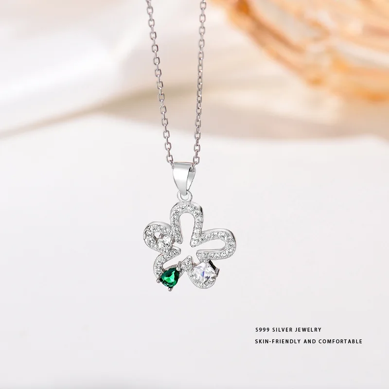 100% 925 Sterling Silver Zircon Flower Necklace for Women Girl Geometric Hollow Out Design Jewelry Party Gift Dropshipping