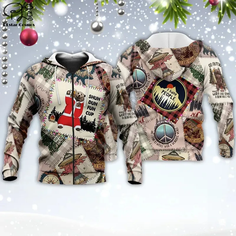 Christmas Bear Shuh Duh Fuh Cup Camping 3D Printed Hoodies Sweatshirts Zipper Hooded Men For Women Streetwear