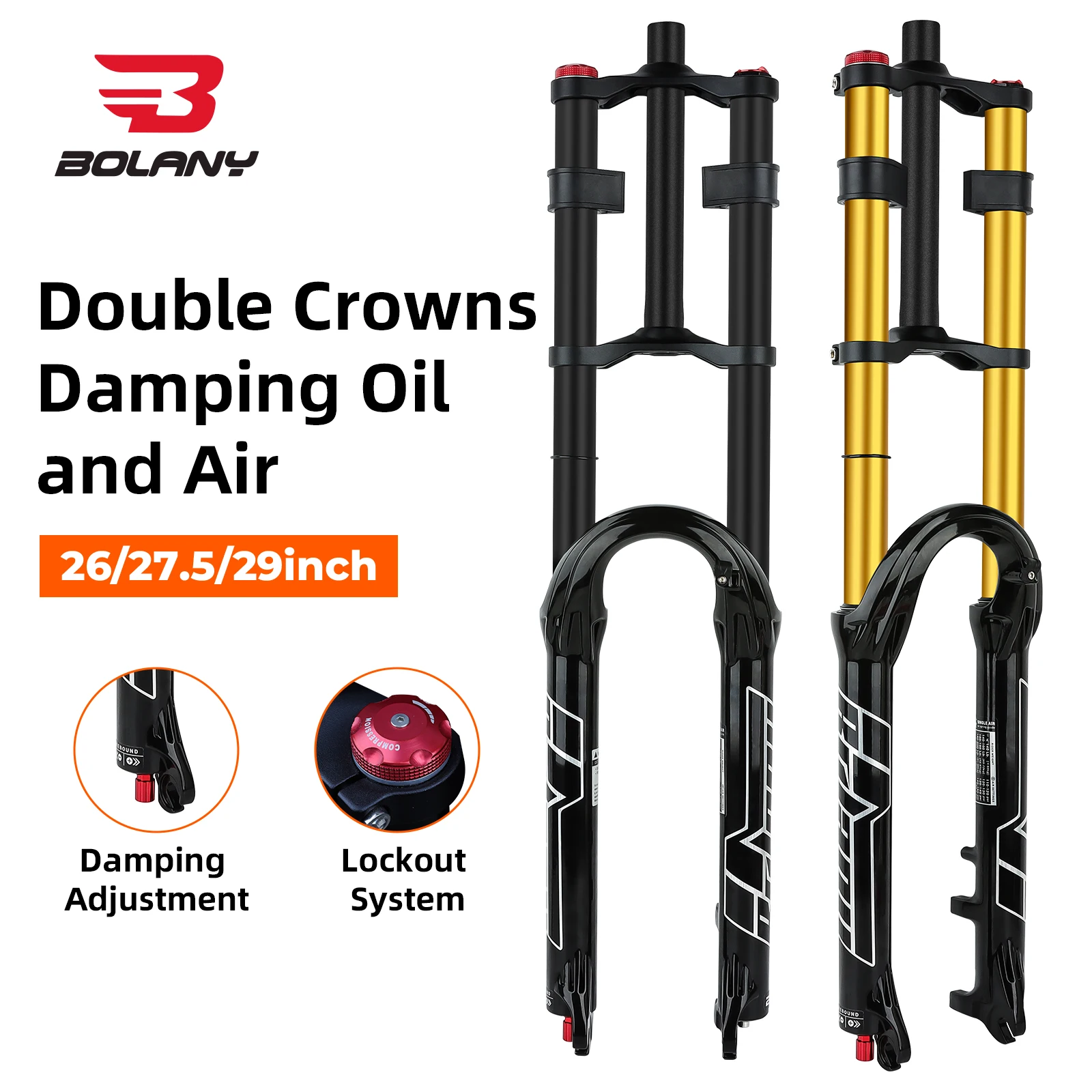 BOLANY Double Crown Bicycle Air Fork 27.5 29 inch MTB Air Suspension 9x100mm Quick Release Axle Sponge Lubrication Bike Fork