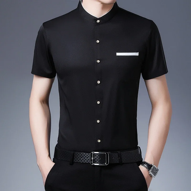 Men's Business Casual Short Sleeved Shirt No Iron and Wrinkle Resistant Top