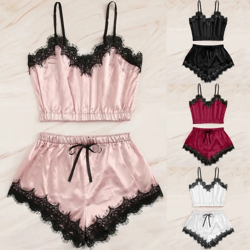 

Hot Sale Sexy Lingerie Women's Pajamas Pajamas Women's Sleeveless Underwear Lace Trim Satin Tank Top Short Pajama Set New 2022