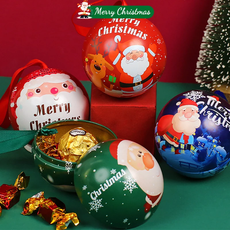 

Christmas Tinplate Candy Box Ball Candy Can Gift Packaging Box Round Ball Shaped Printed Mini Box Kid Gift Tree Hanging Supplies