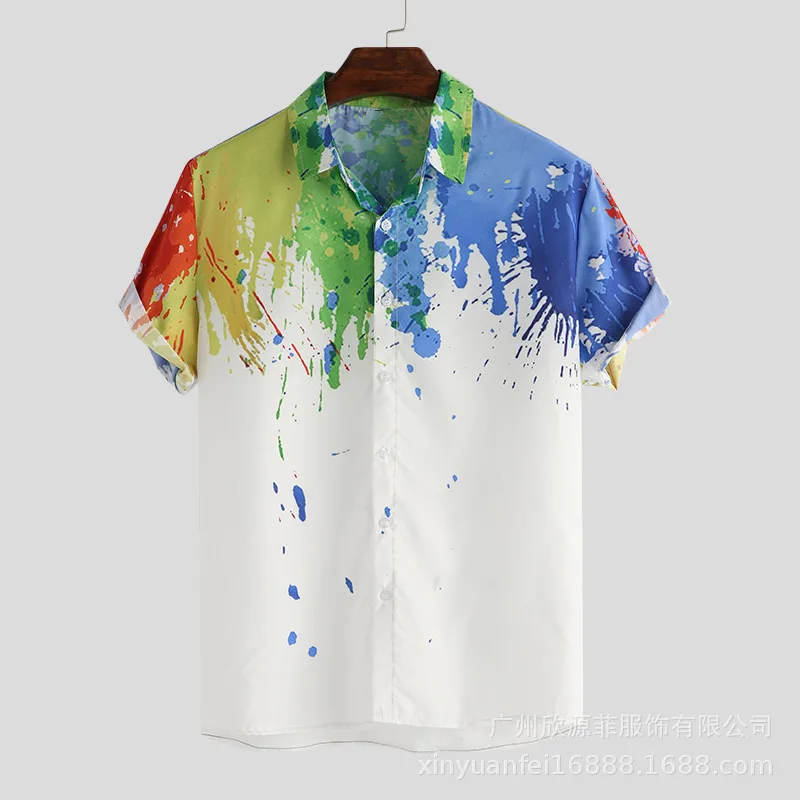 

Men's Business Shirt Splashed Ink Printing Short Sleeve Hawaiian Beach Shirt Men's Street Shirt