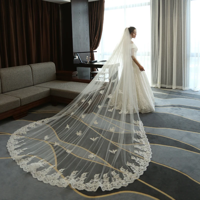 Bride's main wedding dress headdress super long tail high grade white lace wedding headdress
