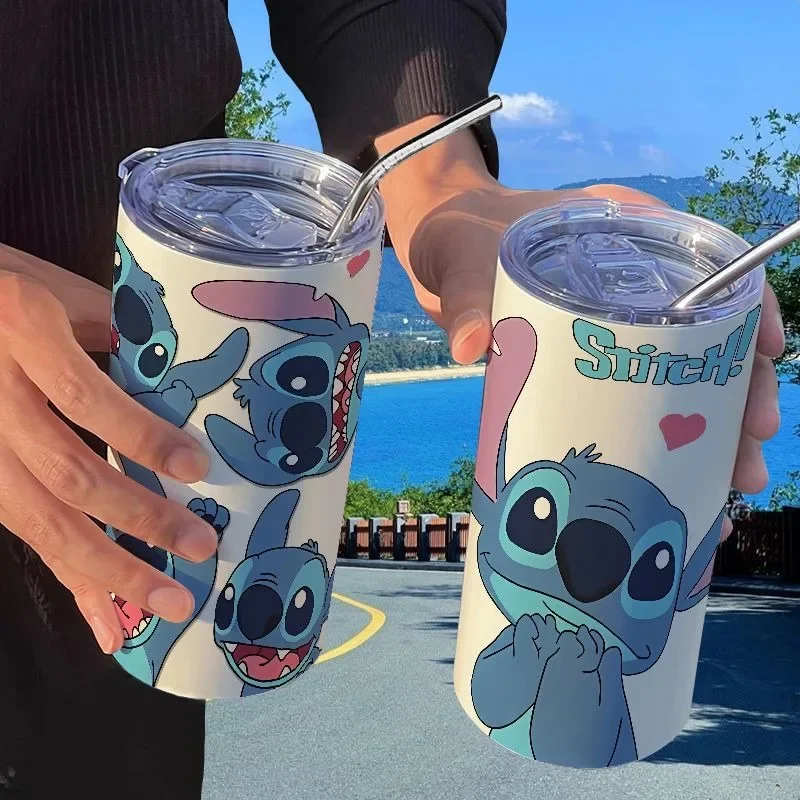 Disney Lilo & Stitch Cartoon Animation Stitch Thermos Cup Straw Coffee Cup Good-looking Personalized Creative Portable Water Cup