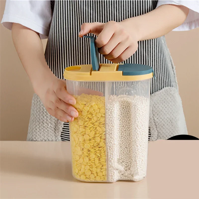 M/L Double Grid Cereals Jar Plastic Food Storage Container Kitchen Organizer Eco Friendly Cookie Box Dried Grains Tank with Lids 5
