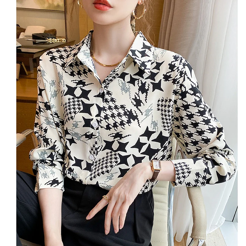 Chic Shirts for Women Dressy Casual Long Sleeve Office Blouses Spring Top Y2k Streetwear Vintage Print Chemise Female Clothes 2023 elegant commuter loose light blue denim dresses women s lapel neck pullover split hem dressy female sweet style casual gown