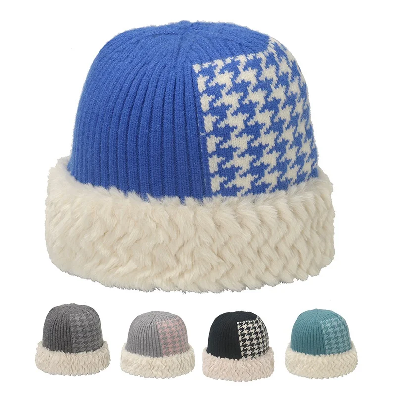 

Korean Version Thickening Splice Keep Warm Women Knitting Skull Cap Autumn Winter Plush Outdoor Elasticity Beanie Knitted Hat