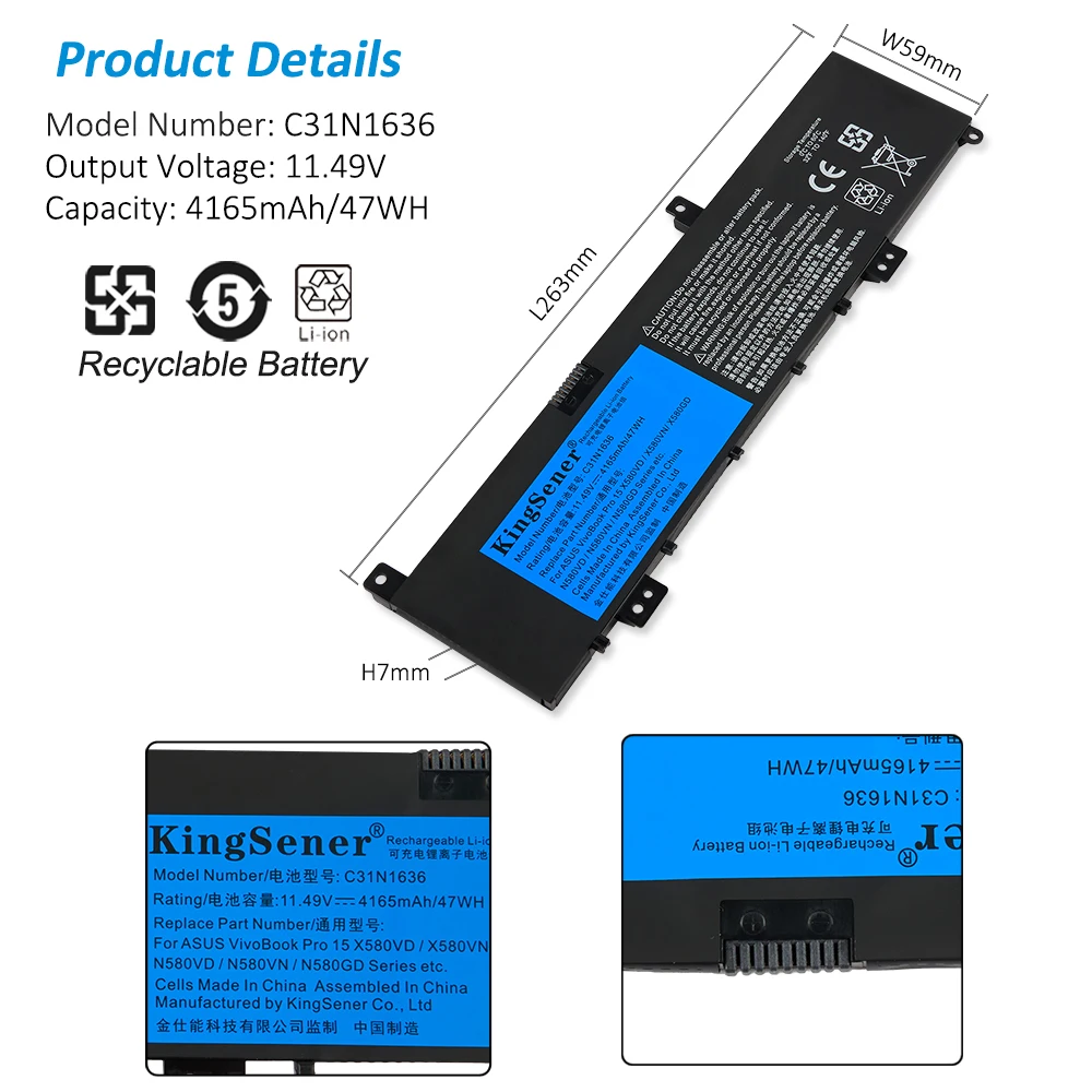 Bateria do Portátil de Kingsener C31n1636 para N580vn N580vd Nx580v X580v X580vn X580gd N580gd X580vd N580vd Nx580vd7300 Nx580vd7700 47wh - Imagem 3