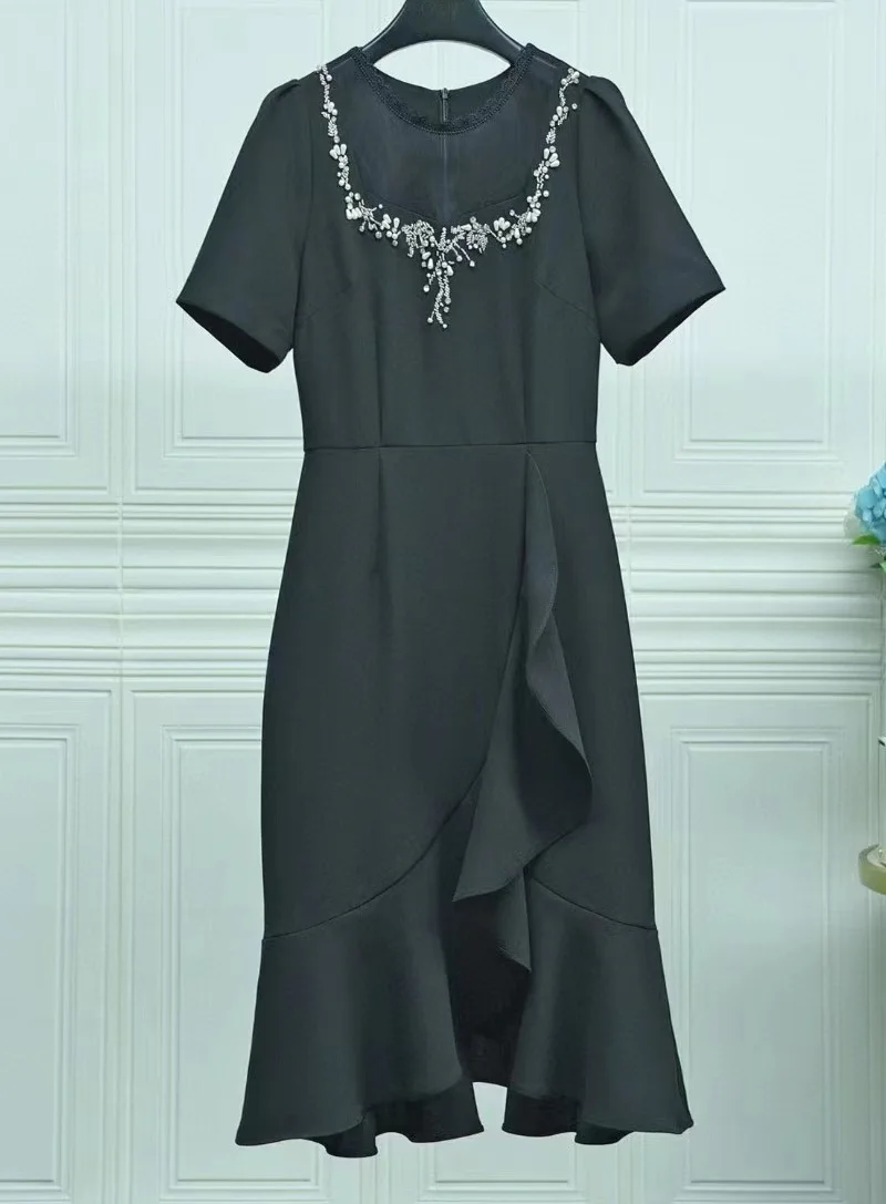 

Top Quality New 2023 Summer Dress Women O-Neck Sexy Tulle Mesh Beading Deco Short Sleeve Beige Black Midi Bodycon Ruffle Dress