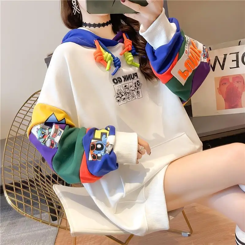 Women's Autumnwinter New Hooded Print Patchwork with Contrasting Colorscasual Versatile Long Sleeved Loose Mid Length Hoodie