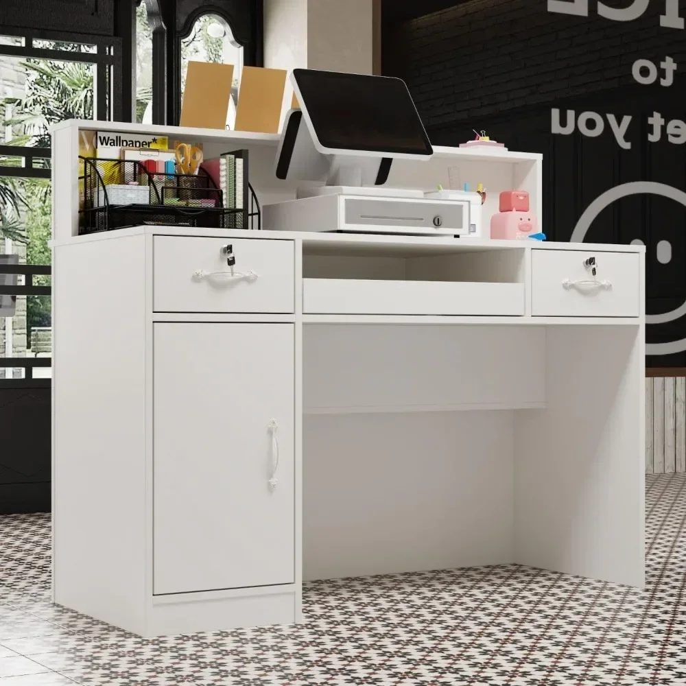 Modern Reception Counter Desk with Lights & Lockable Drawers, Reception Desk Front Counter Table with Cabinet, White