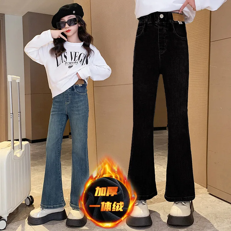 

Girls' Flared Jeans Autumn and Winter 2023 New Western Style Girls' Winter Fashionable Fleece-Lined Children Slim-Fit Pants