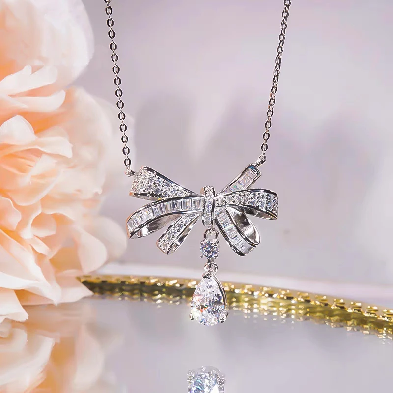 

925 Sterling Silver Full of Diamonds Bow Large AAA Zircon Pendant Necklace for Women Fashion Sparkling Luxury Brand Jewelry Gift