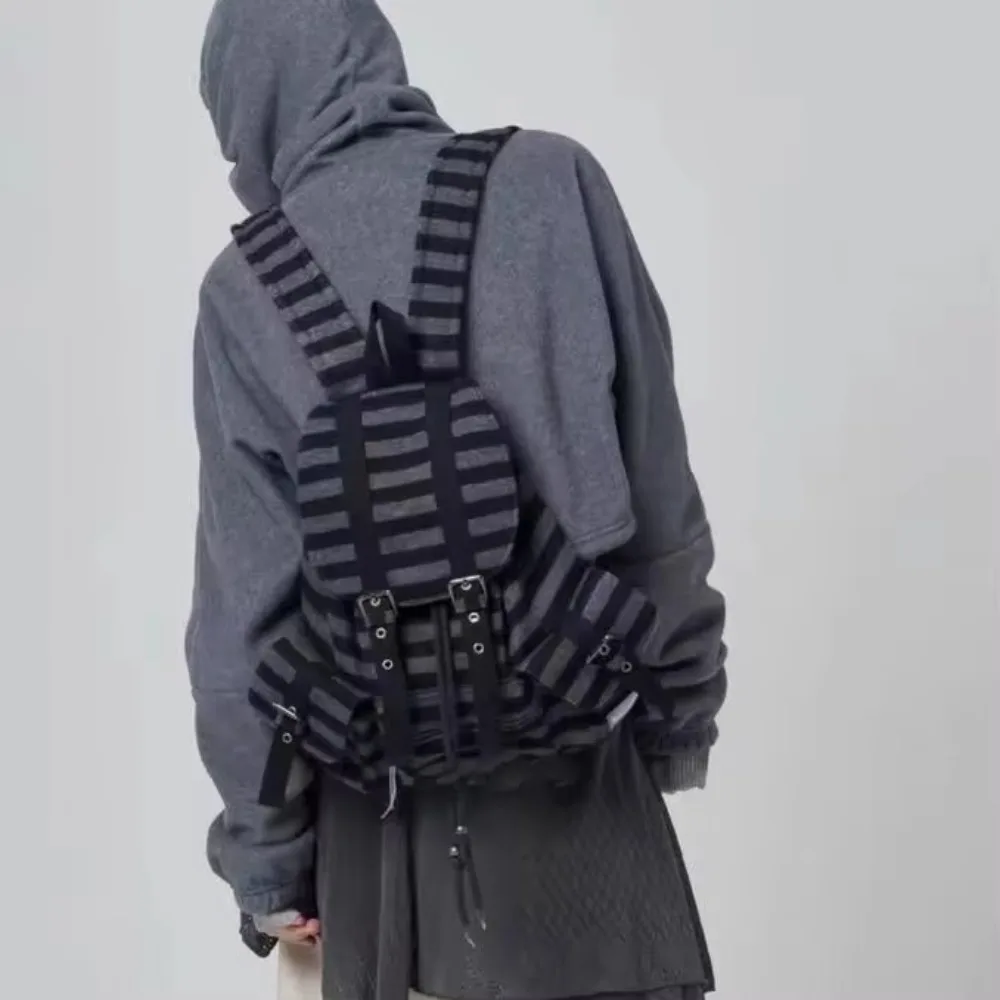 High Quality Korean Style Backpacks Flat Stripe Drawstring Design Bookbags Large Capacity Soft Tote Bags Unisex