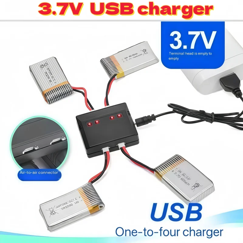 Chargeur USB multiport 1 à 4 pour drone RC avec câbles JST, Futaba et Air, posé sur une surface plane.