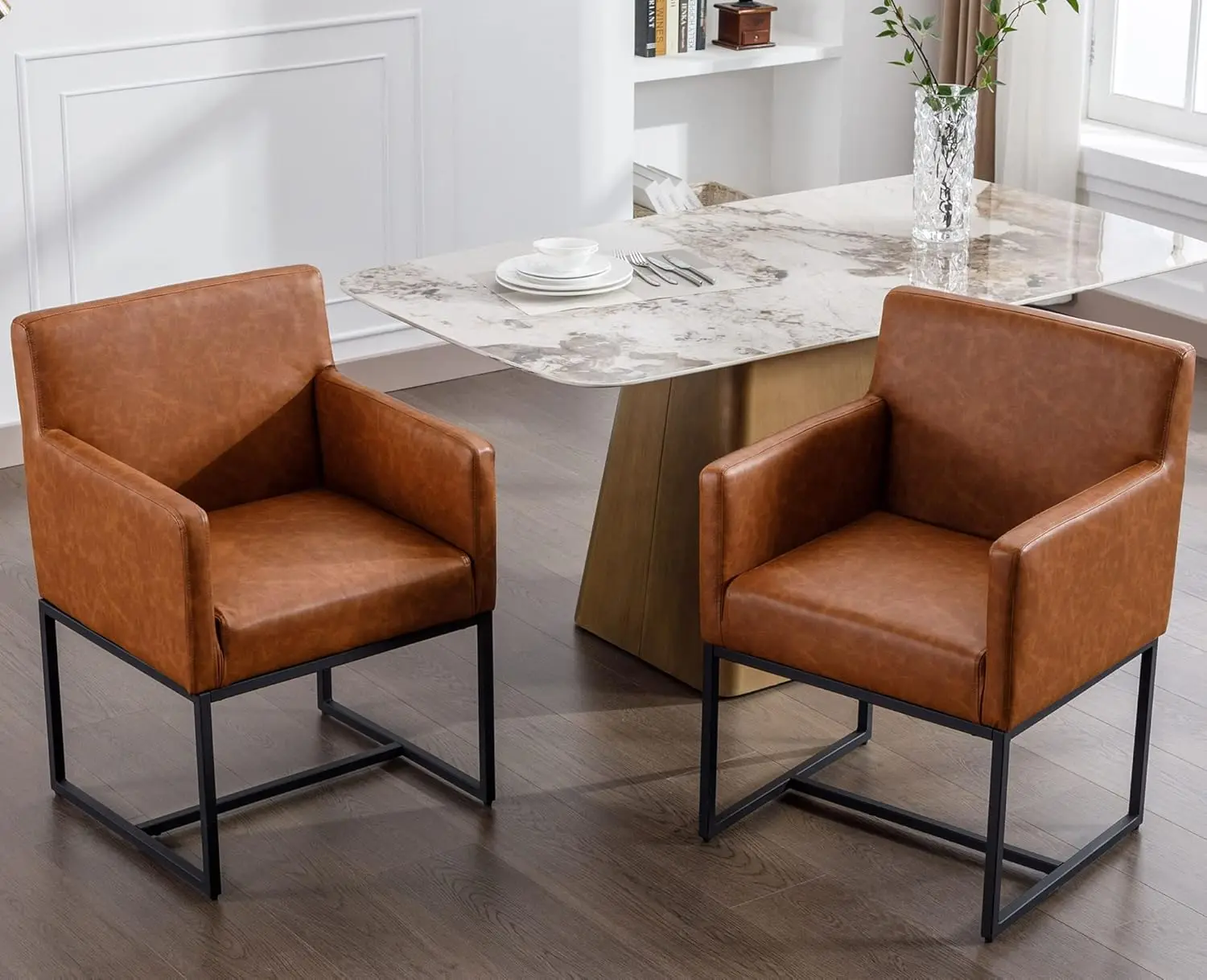 Faux Leather Upholstered Dining Chairs with Arms Set of 2, Mid Century Modern Padded Kitchen Chair with Black Metal Frame