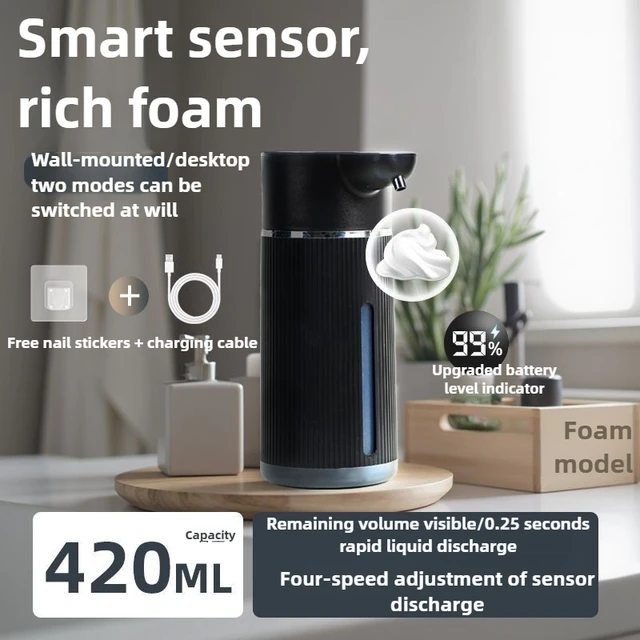 เครื่องจ่ายสบู่อัตโนมัติ 420 มล. กันน้ำ IPX6 แบบไม่ต้องสัมผัส เครื่องจ่ายสบู่อัจฉริยะ ชาร์จผ่าน USB C แบตเตอรี่ 1200 มิลลิแอมป์ 1