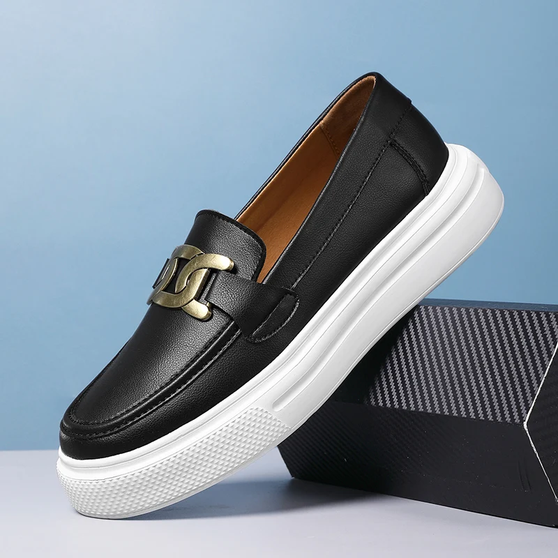 Original Black Men's Leather Loafers Fashion Platform Slip-on Casual Shoes Women Trendy Comfy Breathable Designer Moccasins Man