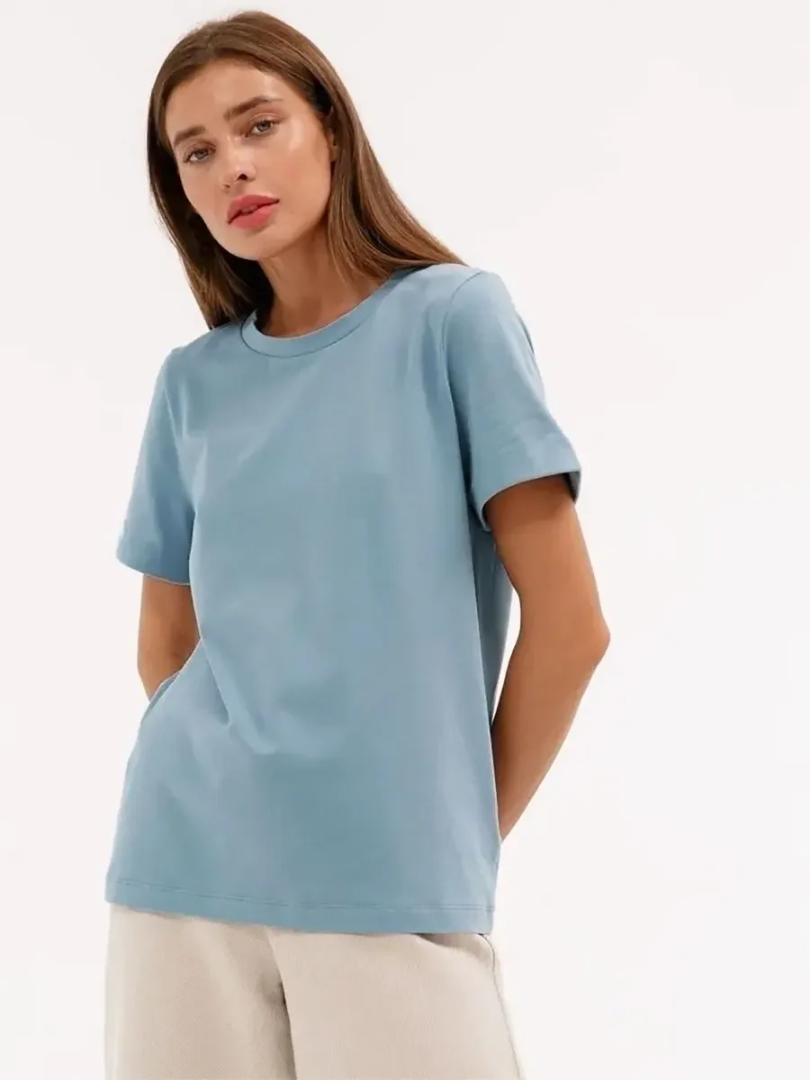 thumbnail image 1 of Camiseta de verano 100 % algodón para mujer de Bornladies, básica, moderna, lisa, de manga corta, holgada, 230 g/㎡, 1 of 5
