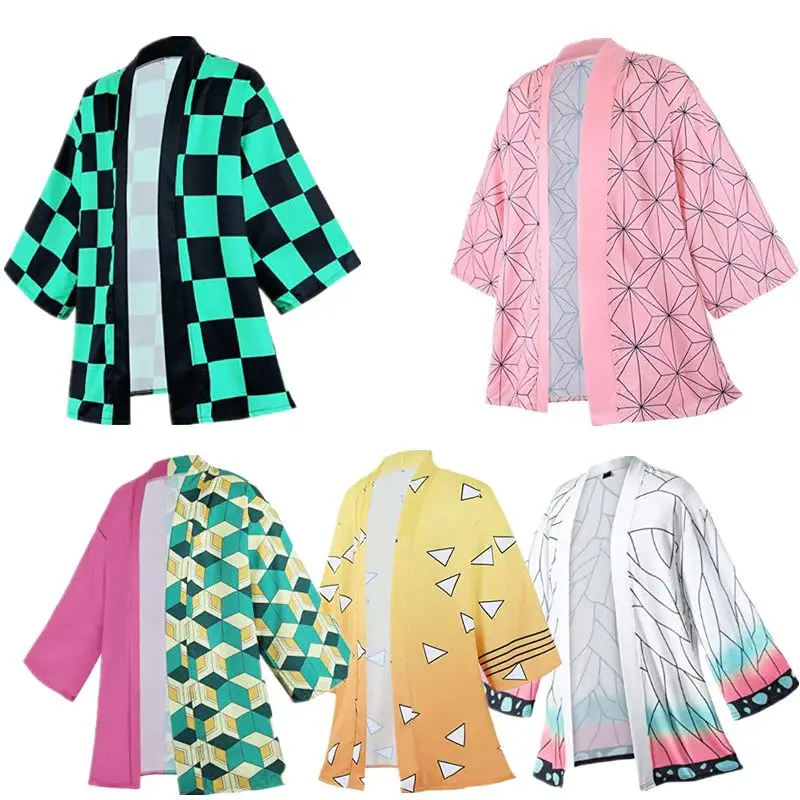 Anime Karakter Kamade Zezezeko Roze Vrouwen Kimono Cardigan Zomer Kamado Tanjirou Groen Zwart Geruit Mannen Japanse Haori Jas