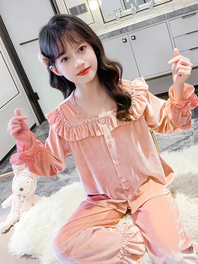 

Cute Spring Children Sleepwear Girl's Circle Collar Pajama Sets.Long Sleeve Tops+Pants.Toddler Kid's Peach Pink Pyjamas Set